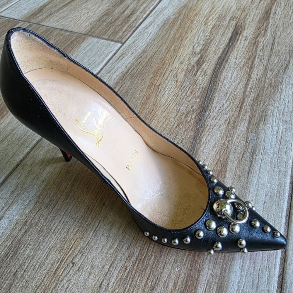 Christian Louboutin Studded Black Leather Door Knock 100mm Kid Heels Eur.34.5